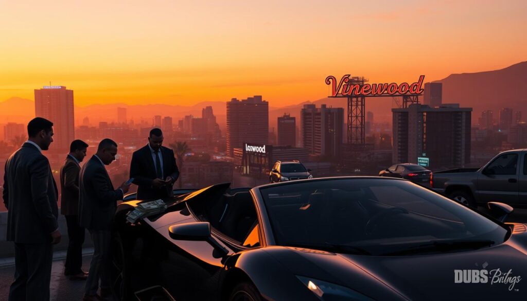 A bustling cityscape of Los Santos at dusk, with the iconic Vinewood sign visible in the distance. In the foreground, a group of well-dressed individuals gather around a sleek, luxurious sports car, examining stacks of cash and negotiating a lucrative deal. The lighting is warm and golden, casting a subtle glow on the scene, while the buildings in the background are silhouetted against a vibrant, hazy sky. The mood is one of wealth, opportunity, and the underlying tension of the criminal underworld.
