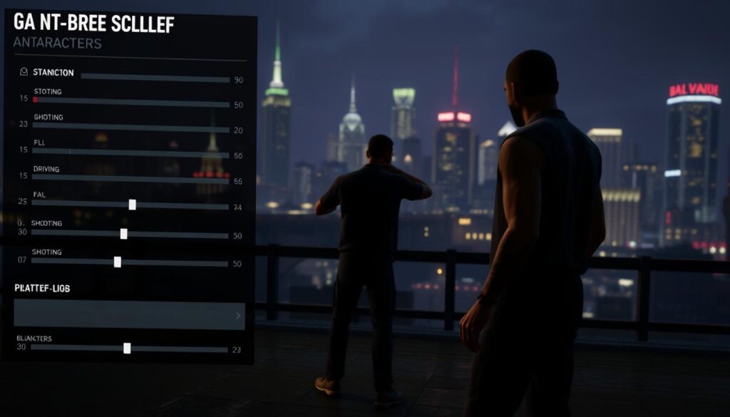A detailed character skill development screen in the style of Grand Theft Auto V. In the foreground, a character customization menu with sliders for attributes like stamina, shooting, driving, and more. In the middle ground, a 3D character model turning and posing, showcasing their skills. In the background, a dimly lit city skyline with neon lights, reflecting the gritty atmosphere of the game. Dramatic cinematic lighting with strong shadows and highlights. Slightly off-center composition, giving a sense of depth and focus on the character's progression.