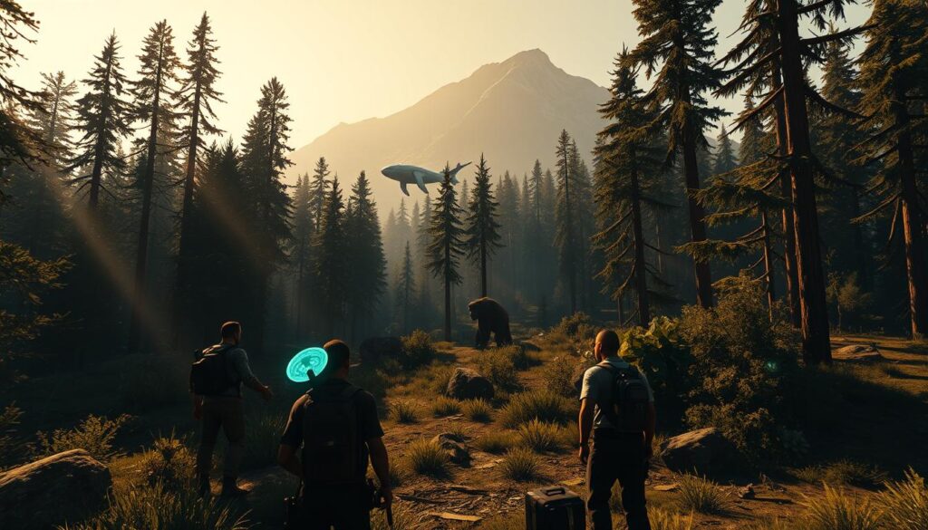 A detailed, cinematic scene depicting various iconic Easter eggs from the massively popular open-world game Grand Theft Auto V. In the foreground, a group of curious players investigating a strange glowing alien encounter, surrounded by an array of subtle references and hidden secrets hidden throughout the game's vast and detailed world. The middle ground showcases a majestic Sasquatch roaming the dense forest landscapes, while in the background, a towering Mount Chiliad looms over the scene, hinting at the many mysteries and conspiracies that have captivated the dedicated GTA V community. The lighting is warm and inviting, with rays of sunlight filtering through the trees, creating an atmosphere of discovery and intrigue. Rendered in a photorealistic style with a wide-angle lens to capture the sense of scale and grandeur.