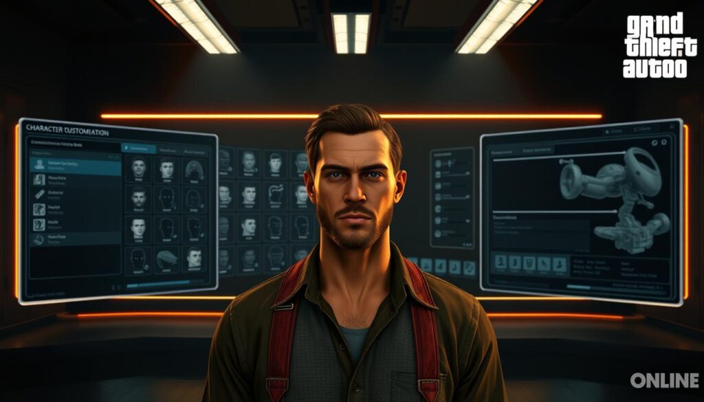 A detailed, photorealistic character creation screen for Grand Theft Auto V Online, set in a dimly lit, high-tech studio environment. The foreground features a customizable character model, allowing the user to adjust various facial features, hairstyles, and clothing options. The middle ground showcases a range of character customization menus and sliders, while the background is filled with a sleek, minimalist interface, hinting at the depth and complexity of the character creation process. Warm, subdued lighting casts dramatic shadows, creating a sense of depth and atmosphere. The entire scene conveys the immersive and personalized nature of starting a new GTA Online character.