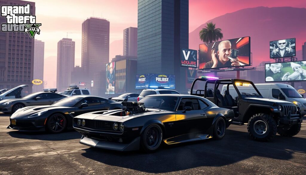 A high-definition, photorealistic image of several iconic vehicles from the open-world action-adventure game Grand Theft Auto V (GTA V). The vehicles are featured in a dramatic, well-lit scene set against a gritty urban backdrop, capturing the game's distinctive aesthetic and atmosphere. In the foreground, a sleek sports car, a heavily modified muscle car, and a sturdy off-road utility vehicle are prominently displayed, each with intricate details and accurate proportions. In the middle ground, other vehicles, such as a police cruiser and a delivery van, add depth and context to the scene. The background features towering skyscrapers, neon-lit billboards, and a vibrant, hazy skyline, immersing the viewer in the game's virtual metropolis. The lighting is dramatic, with strong shadows and highlights that accentuate the vehicles' forms and textures, creating a sense of depth and realism. The overall composition is balanced and visually striking, showcasing the diverse and customizable vehicle selection that is a