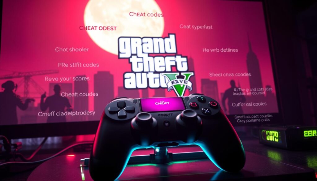 A high-tech gaming console setup with a modern controller, displaying the iconic GTA V logo and a variety of cheat codes and console commands floating around it. The scene is bathed in a neon-tinged glow, creating a futuristic, cyberpunk-inspired atmosphere. In the background, silhouettes of the game's iconic characters and landmarks are visible, hinting at the immersive world of Grand Theft Auto V. The overall composition suggests the power and versatility of the game's cheat system, as well as the depth of its features and customization options.
