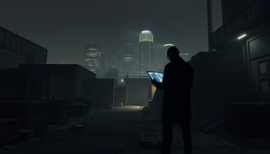 A secretive nighttime scene in the fictional city of Los Santos, backdrop of Grand Theft Auto V. In the foreground, a shadowy figure standing among abandoned warehouses and crates, examining a glowing map on a high-tech device. The middle ground features scattered debris, discarded items, and a dimly lit alleyway leading deeper into the urban landscape. The background is a hazy skyline with towering skyscrapers, their windows emitting a faint glow. Atmospheric low-angle lighting casts dramatic shadows, creating an air of mystery and intrigue. The overall mood is one of exploration, uncovering hidden details, and unearthing the city's well-guarded secrets.