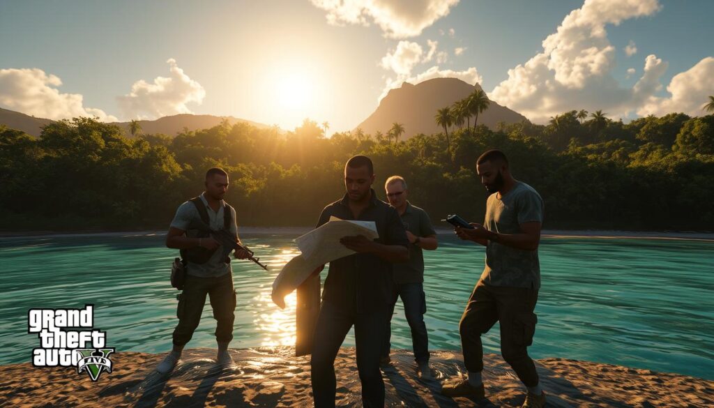 Cayo Perico Heist, GTA V Online: A sprawling tropical island backdrop, the sun casting a warm glow over the lush foliage and crystal-clear waters. In the foreground, a team of highly skilled thieves plan their daring infiltration, studying maps, weapons, and escape routes with intense focus. Cinematic lighting illuminates their determination as they prepare to pull off the ultimate score, capturing the thrill and tension of the game's most lucrative heist. Captured through a wide, cinematic lens, the scene conveys the high-stakes, cinematic nature of the Cayo Perico Heist, a key money-making opportunity for GTA V Online players.