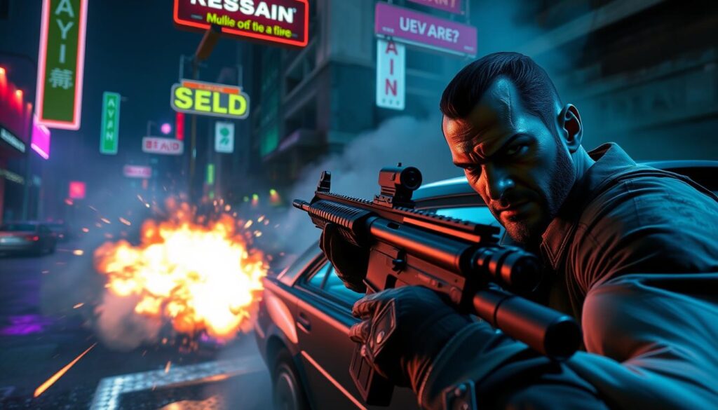 Intricate first-person view of an intense close-quarters firefight in a gritty, urban setting with neon-soaked nighttime lighting. Detailed GTA V character model wielding a fully-automatic assault rifle, dodging enemy fire and taking cover behind a car. Explosive muzzle flashes, billowing smoke, and shattered glass create a dynamic, adrenaline-filled scene. The character's intense facial expression and focused body language convey the high-stakes, high-intensity nature of the battle. A dark, moody atmosphere with shadows and highlights that amplify the visceral combat experience.